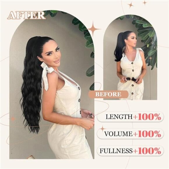 Drawstring Ponytail Extension Long Body Wavy Black Ponytail Extension for Women - Picture 2 of 7